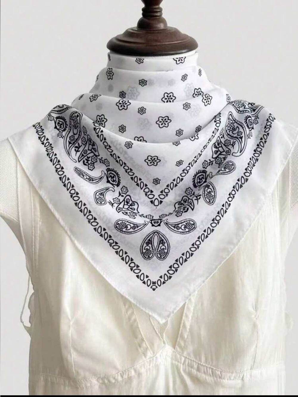 White Bandana Scarf with Black Paisley Print 27.5”